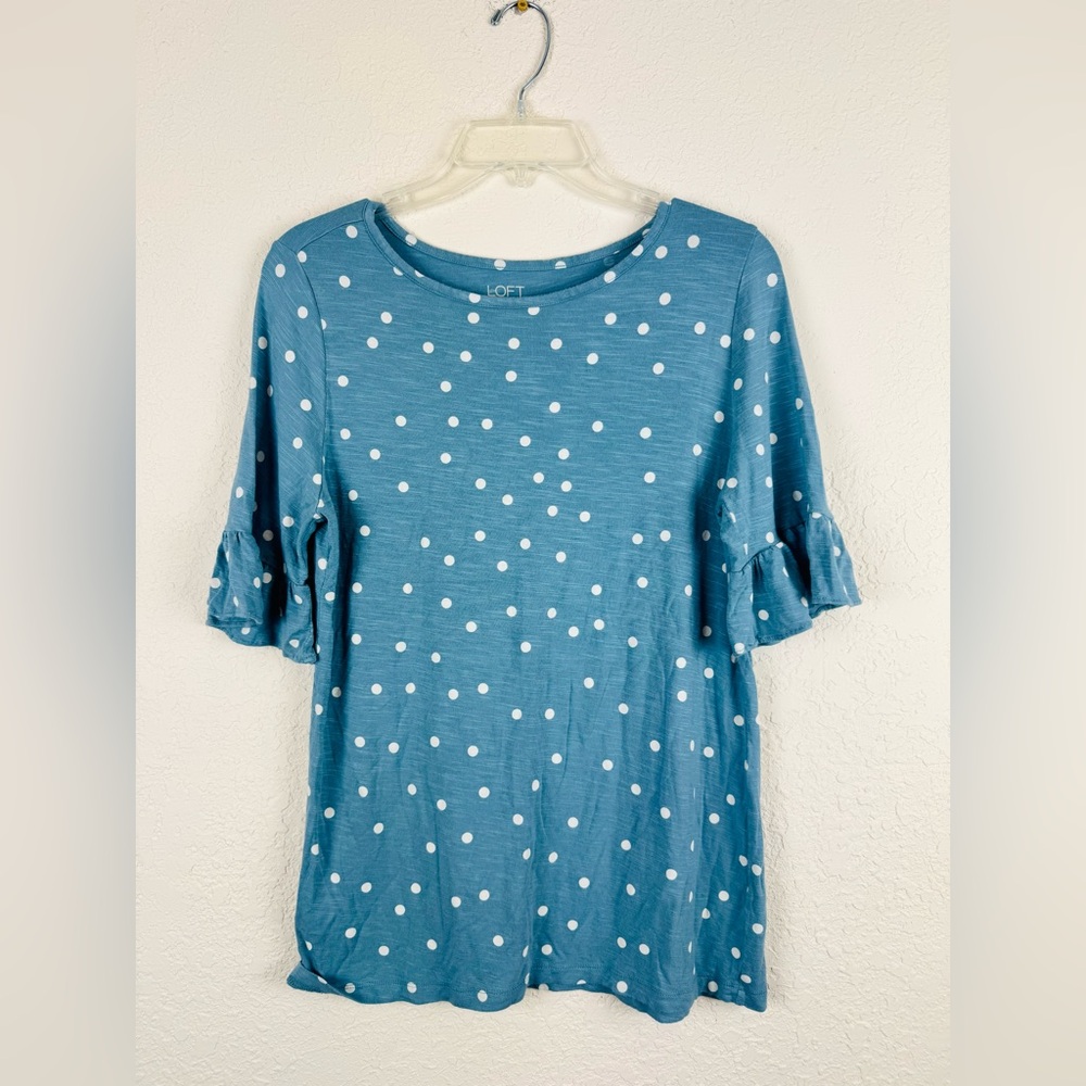 LOFT Teal Polka Dot Ruffle Sleeve Top